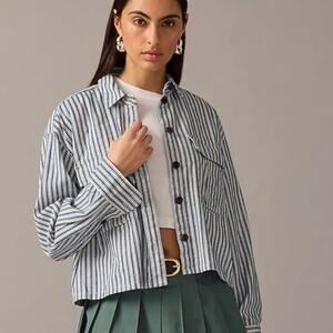 NWT J. Crew Cargo Button Up Shirt Blue White Stripe Cotton Shacket Plus 2X